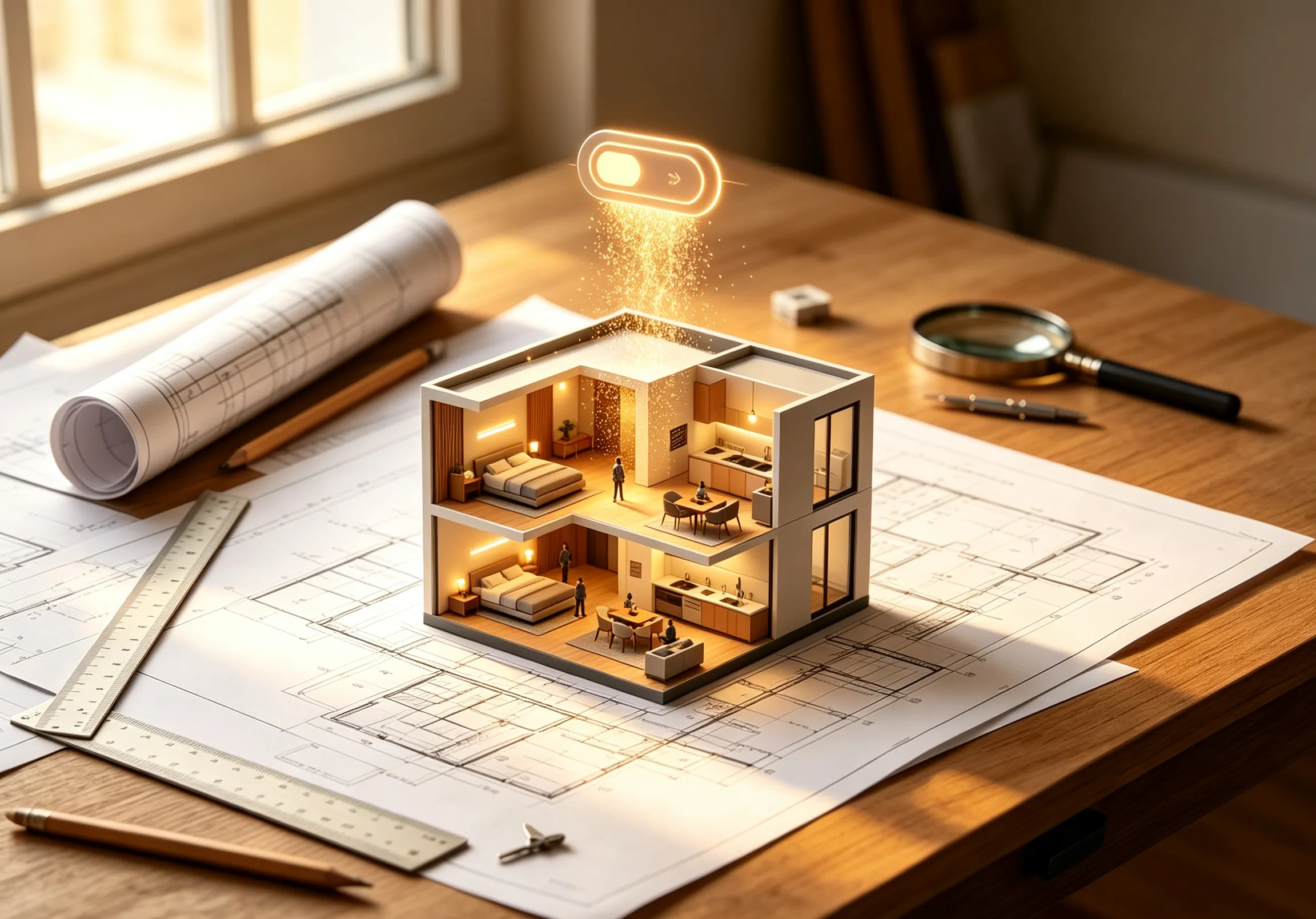 A furnished 3D home view rising from a flat floor plan